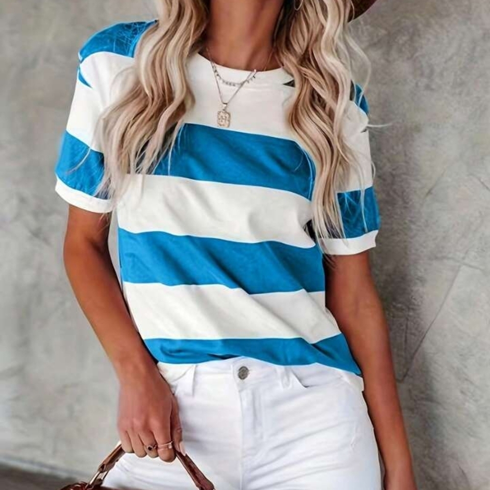 SHEIN Blue and White Fitted Short Sleeve T-Shirt